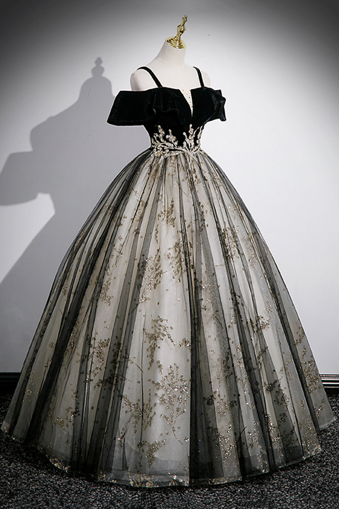 Black Velvet and Sequins Long Prom Dress, Black Off the Shoulder A-Line Evening Dress