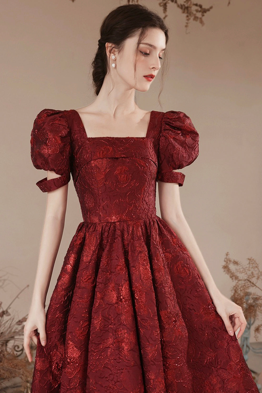 Burgundy Short Sleeve Tea Length Prom Dress, Lovely A-Line Evening Party Dress