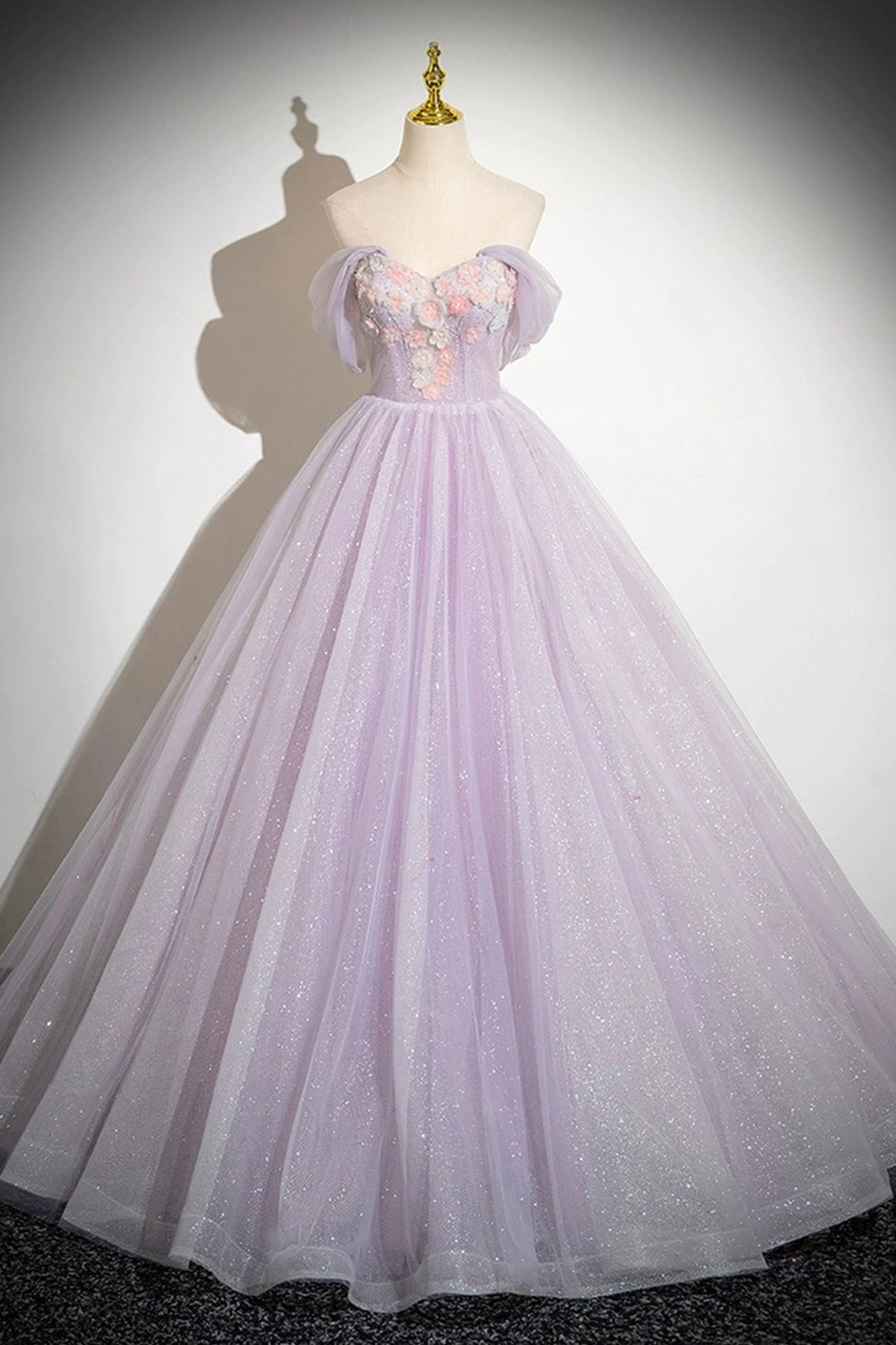 Lilac Strapless Tulle Long Prom Dresses with Flowers, Lilac Off the Sh Lilac Strapless Tulle Long Prom Dresses with Flowers, Lilac Off the Sh