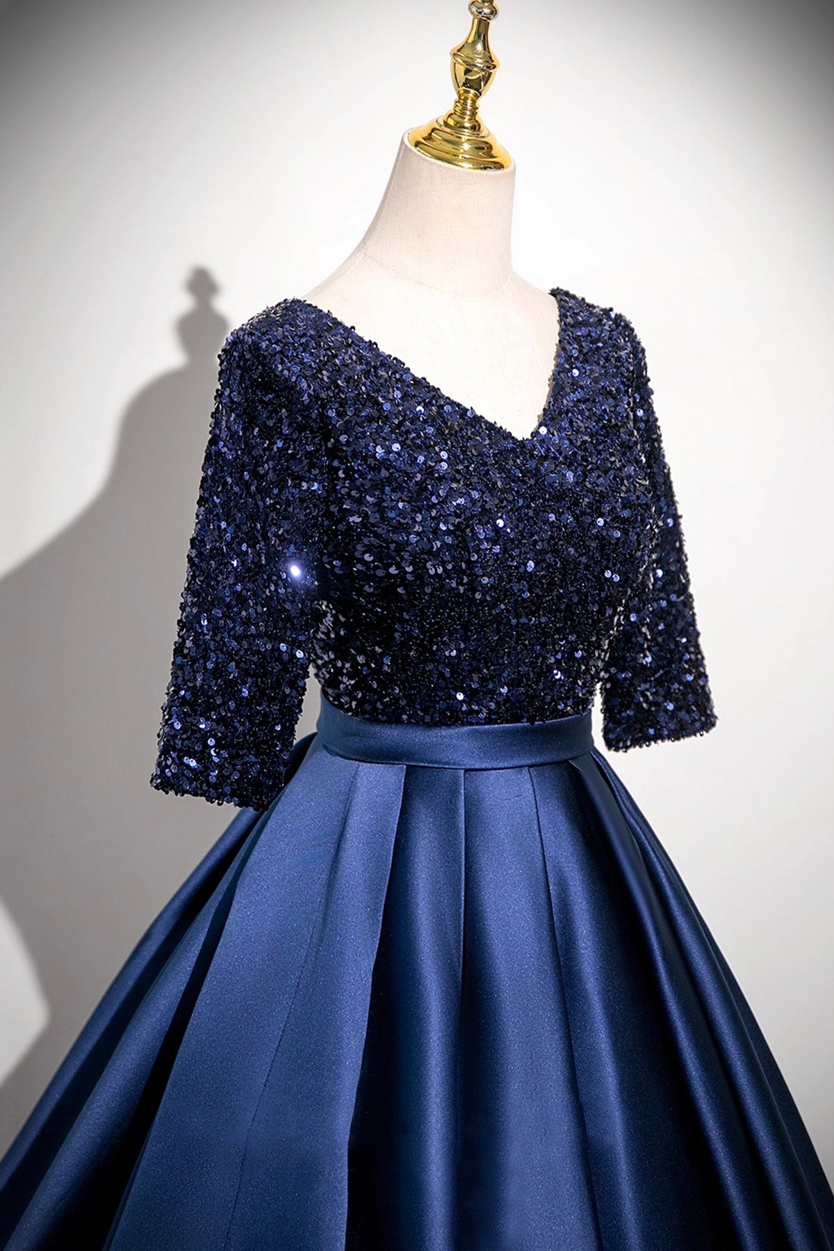 Navy Satin Sequins Long Prom Dress, V-Neck 1/2 Sleeve Evening Party Dress