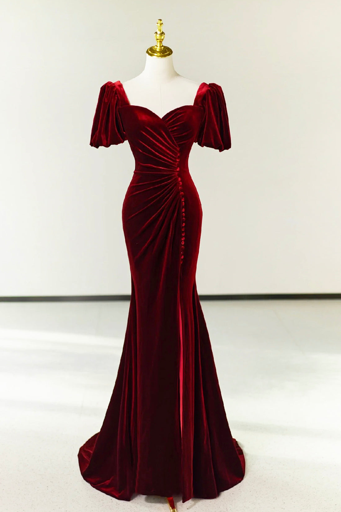 Burgundy Pleated Velvet Long Prom Dress with Slit, Mermaid Backless Ev Burgundy Pleated Velvet Long Prom Dress with Slit, Mermaid Backless Ev