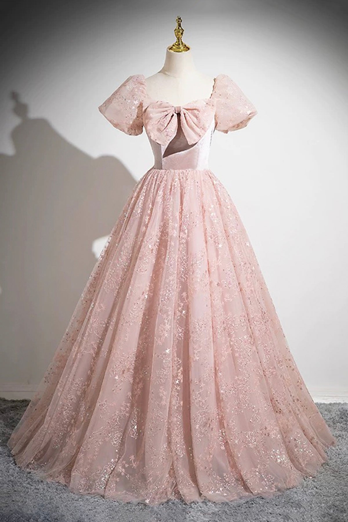 Pink Tulle Sequins Long Prom Dress, Beautiful A-Line Party Dress