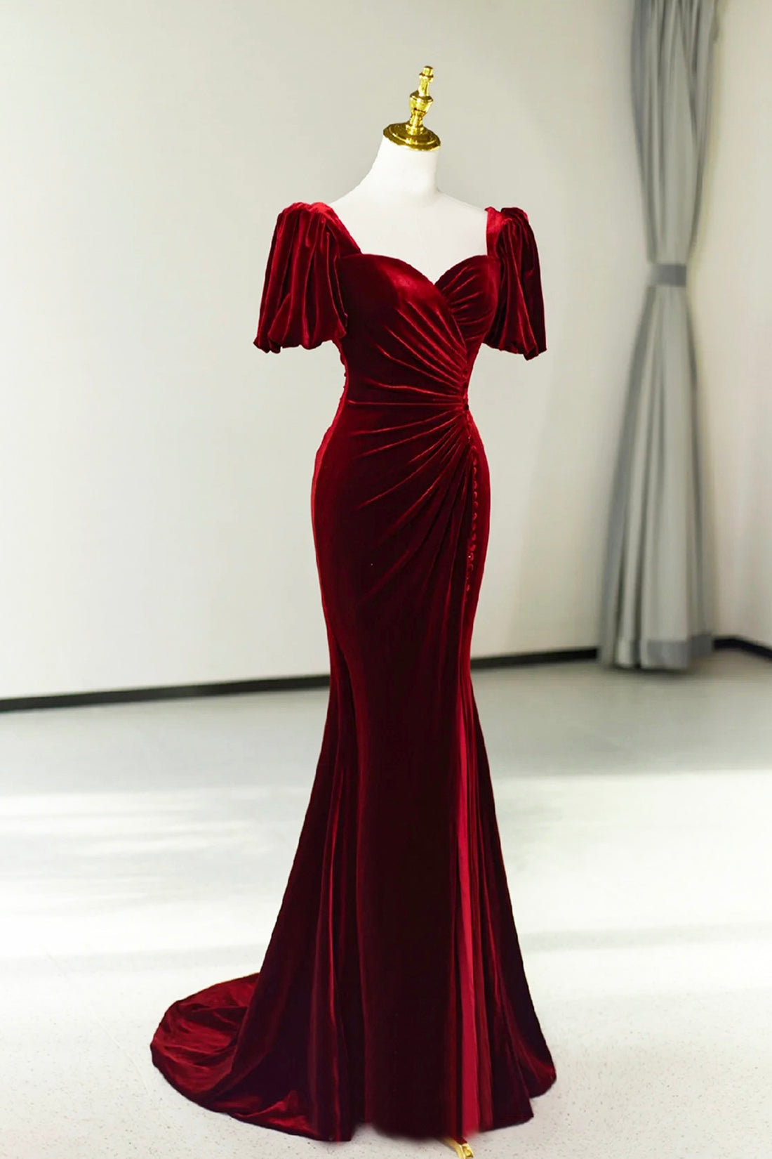 Burgundy Pleated Velvet Long Prom Dress with Slit, Mermaid Backless Evening Party Dress