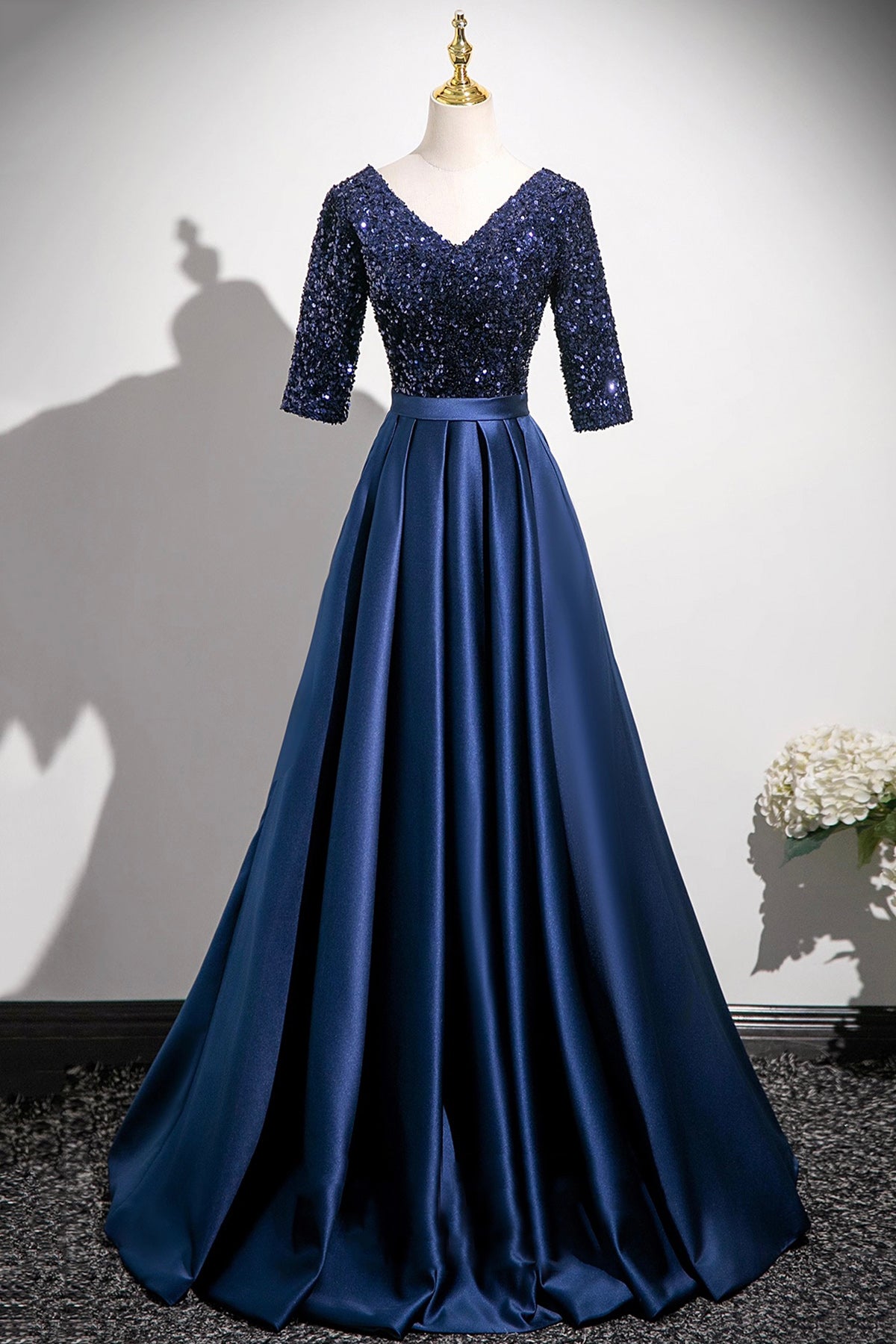 Navy Satin Sequins Long Prom Dress, V-Neck 1/2 Sleeve Evening Party Dress