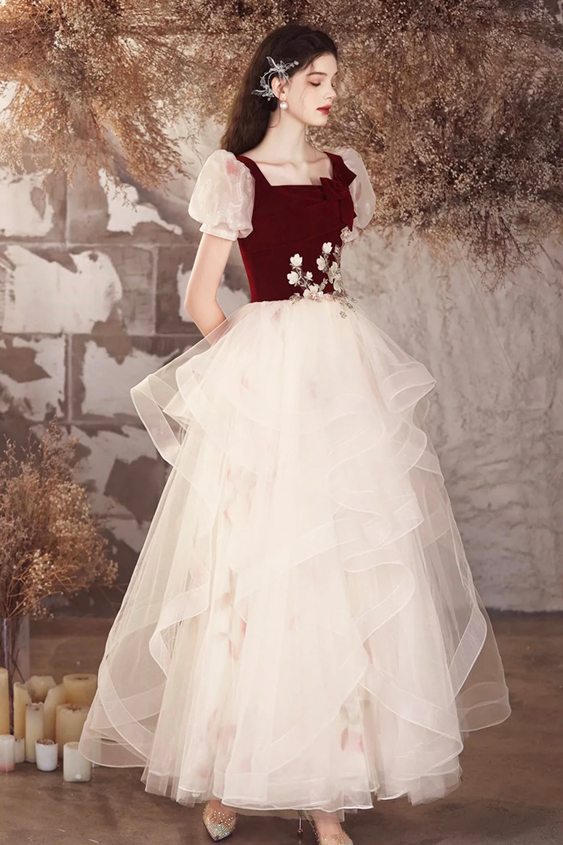 Champagne Tulle and Burgundy Velvet Long Prom Dress, Lovely A-Line Evening Party Dress