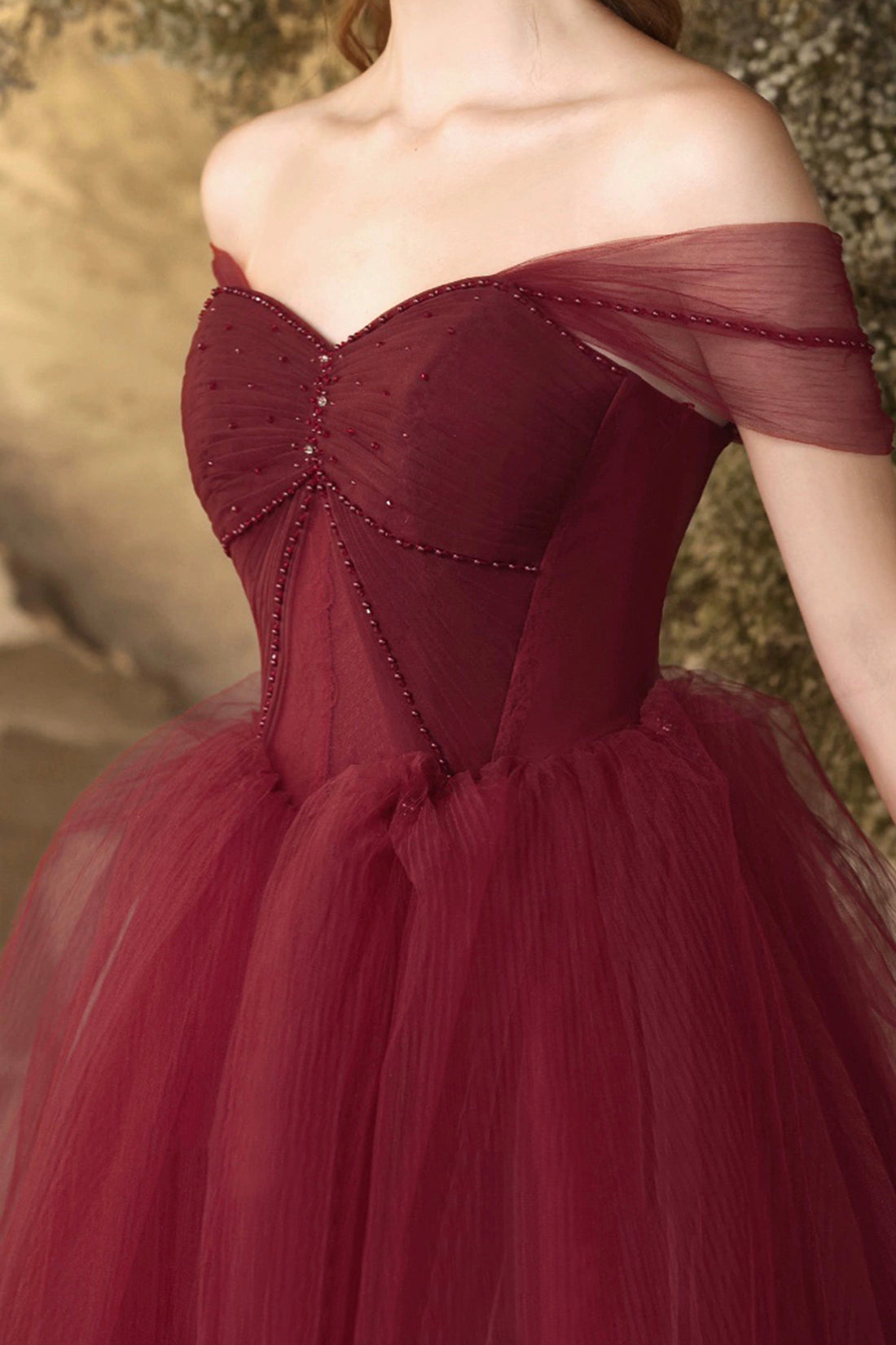 Burgundy Tulle Floor Length Prom Dress, Beautiful Off the Shoulder Evening Party Dress