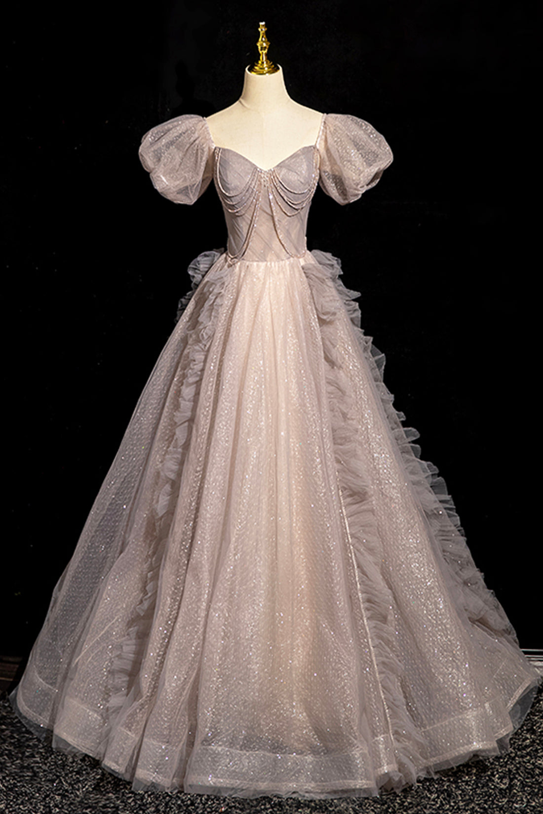 Beautiful Tulle Beaded Long Prom Dress, Khaki A-Line Short Sleeve Evening Party Dress