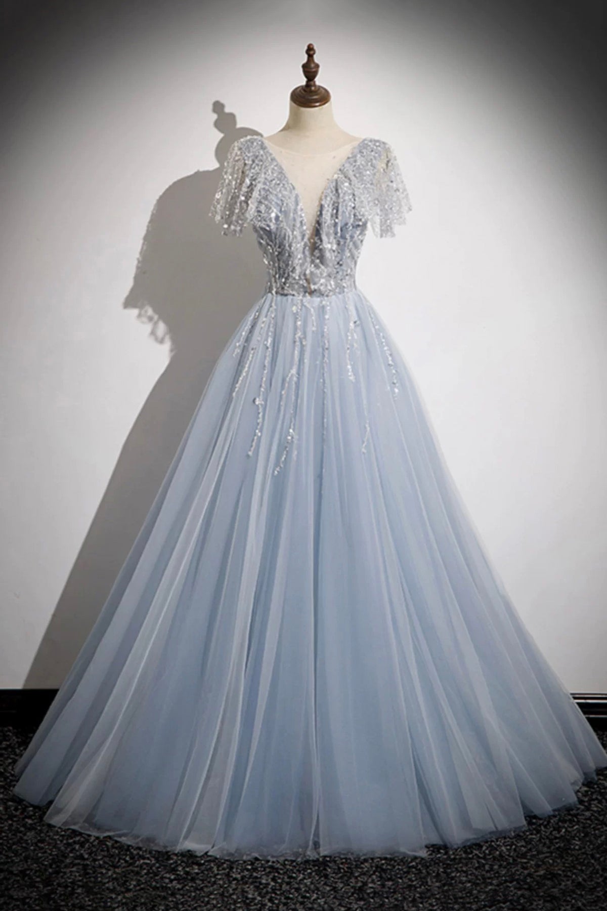 Blue Tulle Sequins Long Prom Dress, Blue A-Line Evening Party Dress