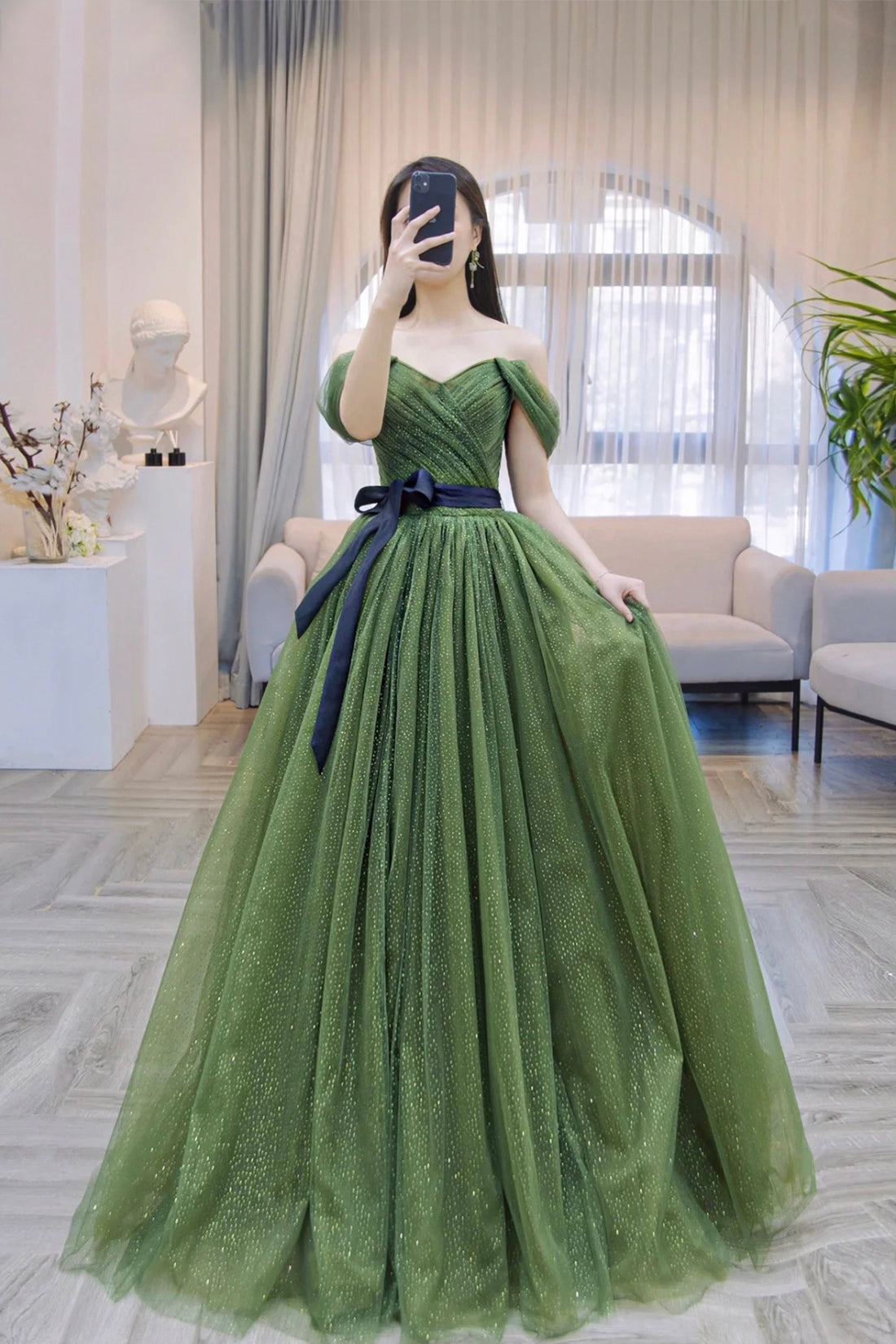 Shiny Tulle Off Shoulder Long Prom Dress, Green Evening Party Dress Shiny Tulle Off Shoulder Long Prom Dress, Green Evening Party Dress
