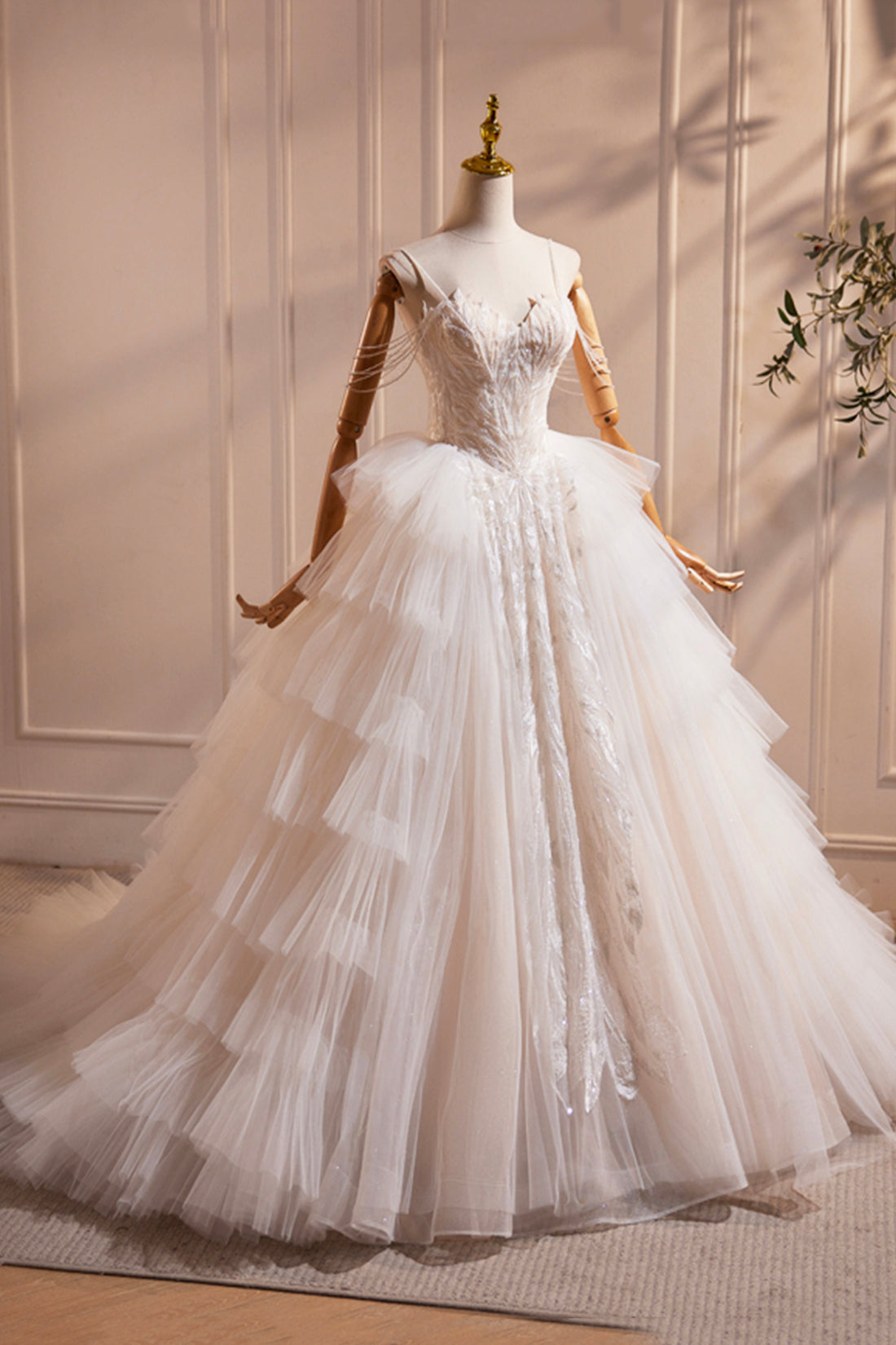 Champagne Sweetheart Layers Princess Dress, Beautiful Spaghetti Straps Tulle Formal Gown