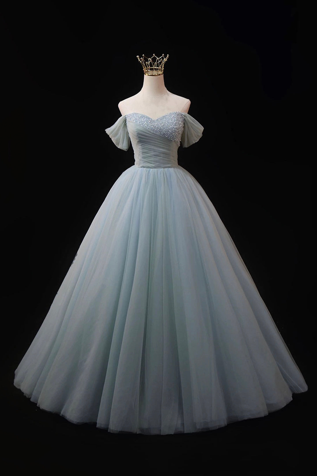 Dusty Blue Tulle Beaded Floor Length Formal Dress, Off the Shoulder A- Dusty Blue Tulle Beaded Floor Length Formal Dress, Off the Shoulder A-