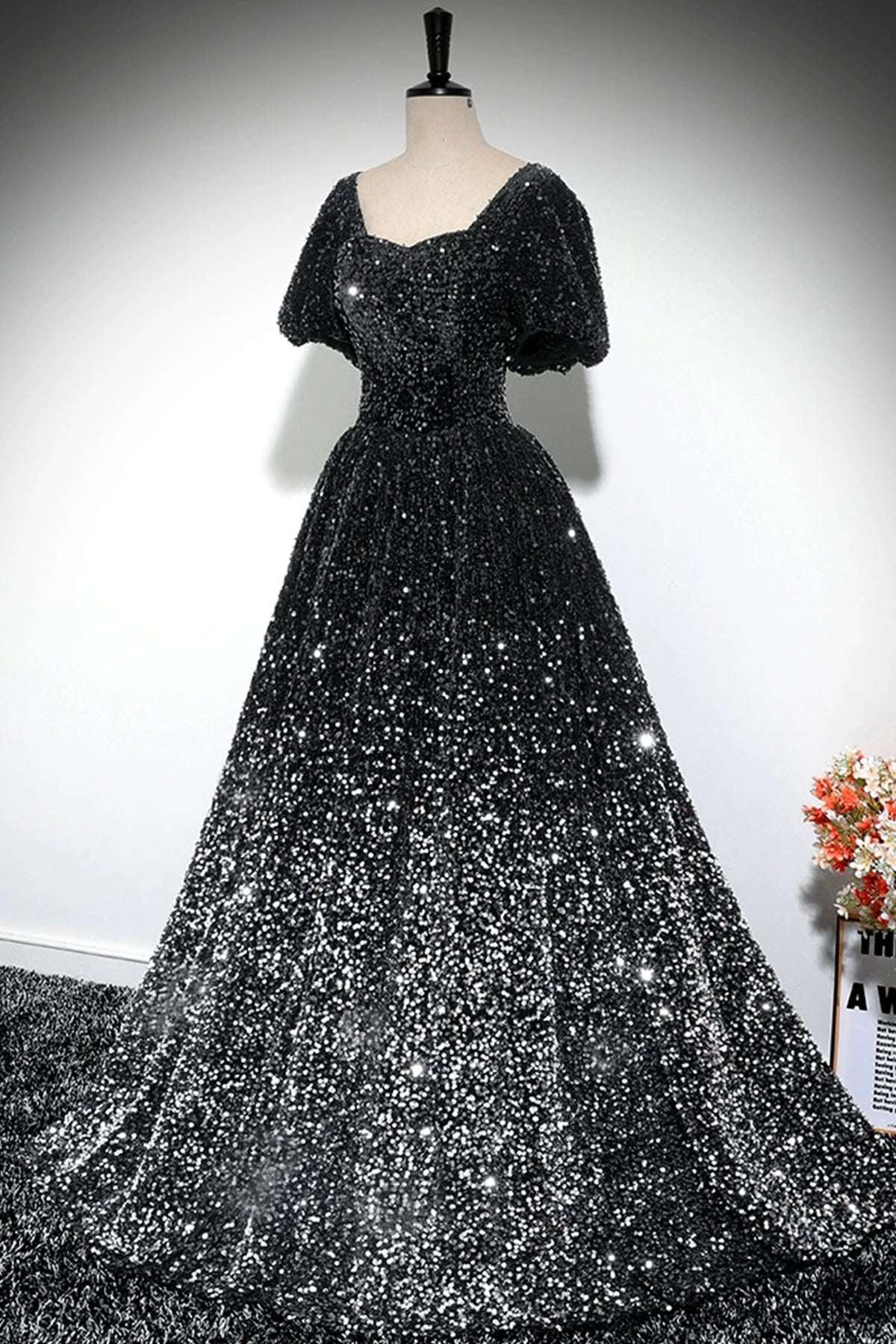Sparkle A-Line Prom Dress, Black and Silver Ombre Sequins Evening Dress
