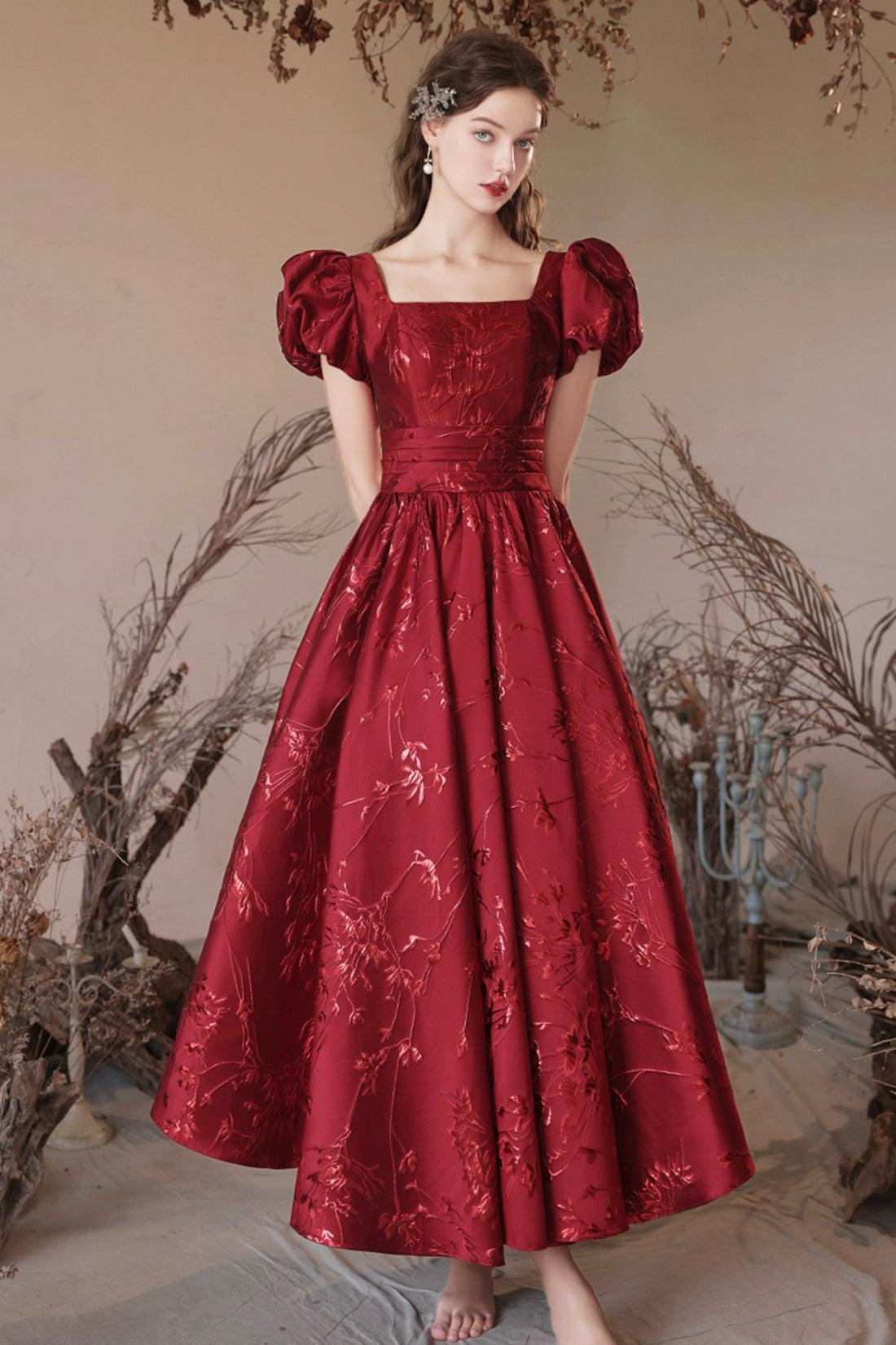 Burgundy Tea Length A-Line Prom Dress, Lovely Short Sleeve Party Dress