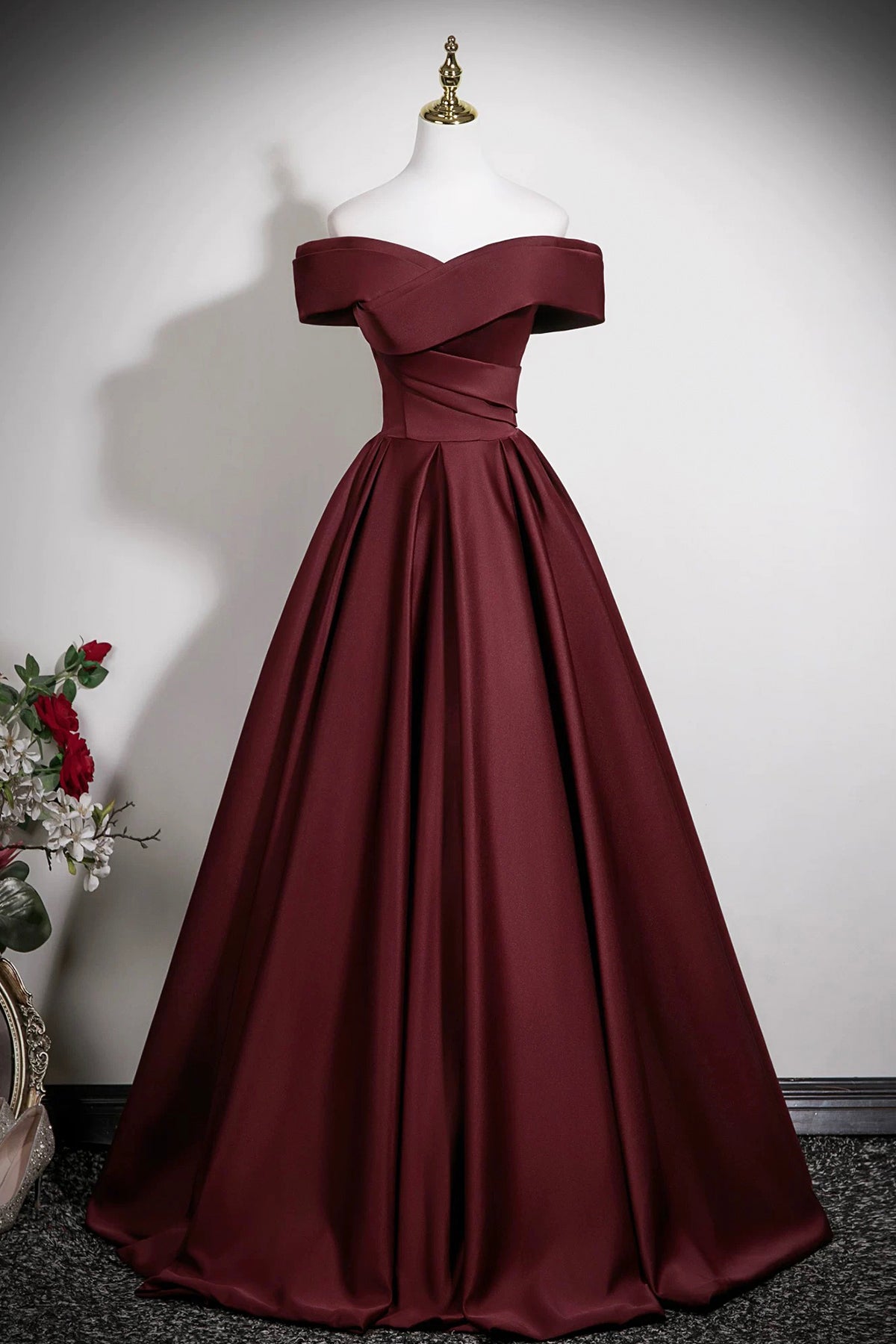 Burgundy Satin Long Prom Dress, Elegant A-Line Evening Party Dress