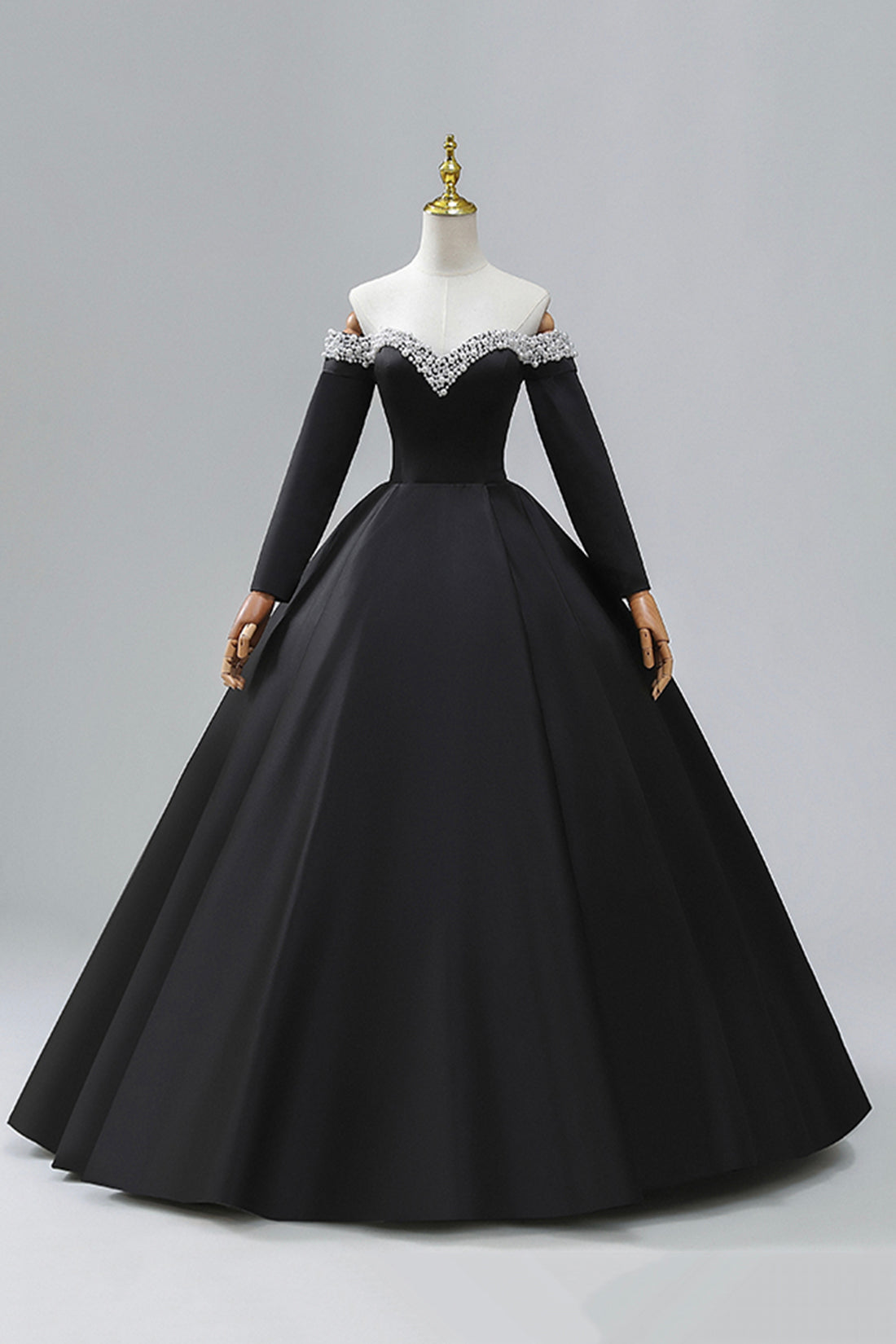 Black Off the Shoulder Pearls Long Sleeve Prom Dress, A-Line Evening P