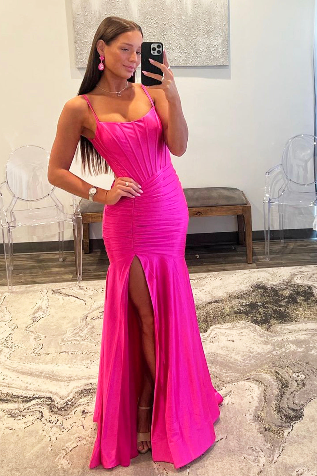 Mermaid Spaghetti Strap Satin Long Prom Dress, Hot Pink Corset Evening Party Dress