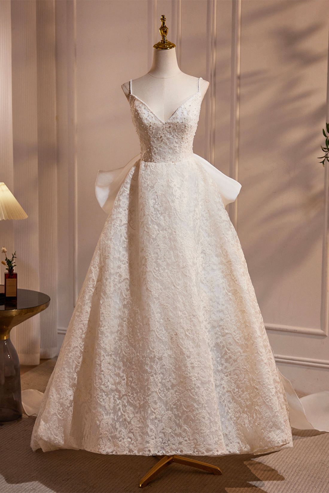 Light Champagne V-Neck Lace Long Prom Dress, A-Line Spaghetti Straps Backless Party Dress with Bow