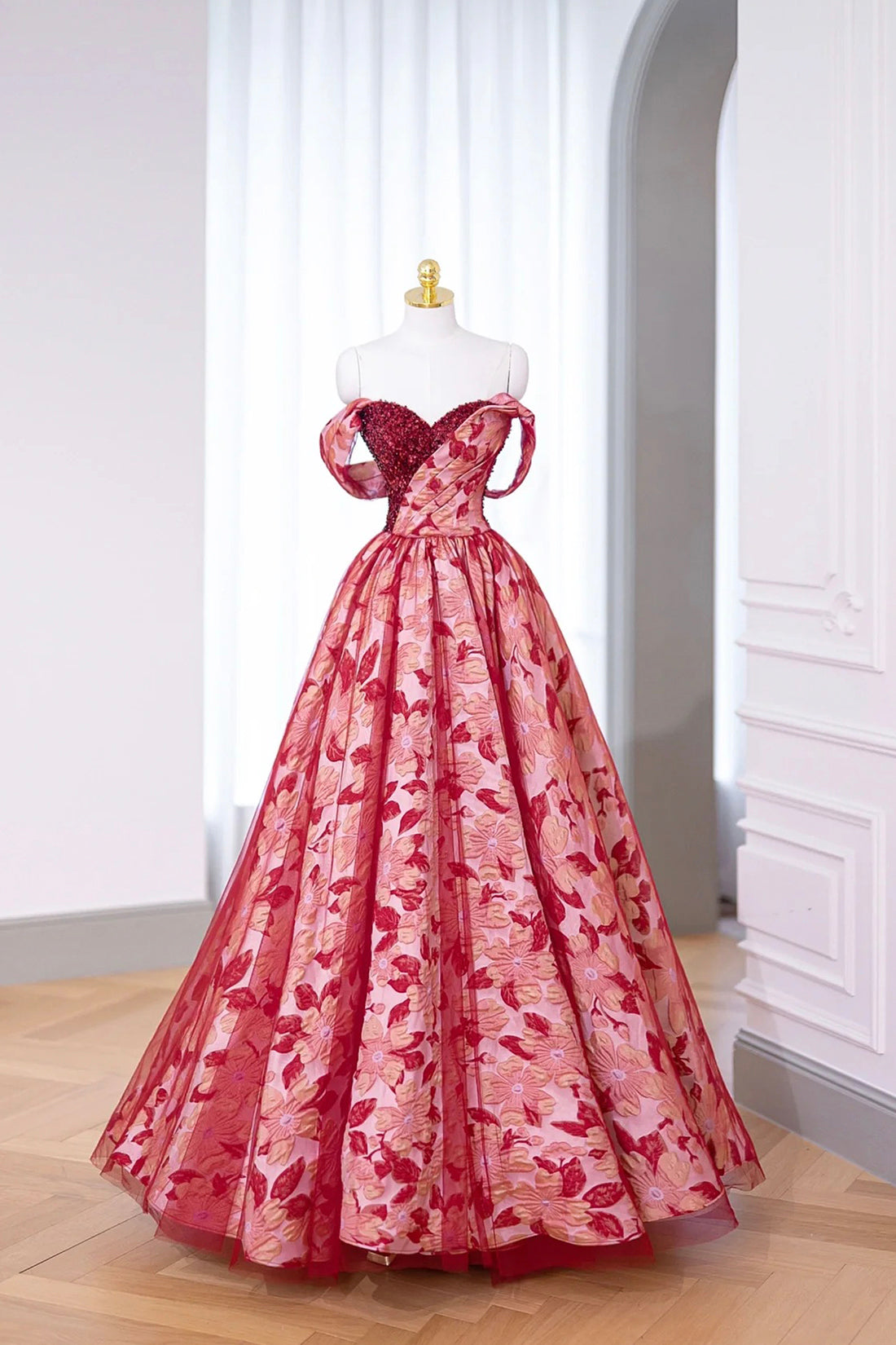 Burgundy Sequins Printing Floor Length Prom Dress, Off the Shoulder Evening Party Dress