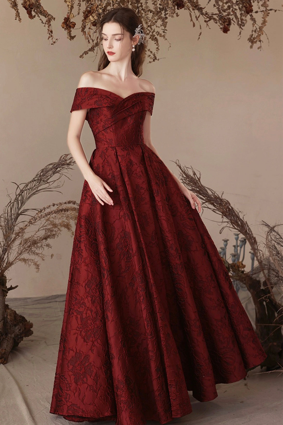 Burgundy off the shoulder prom outlet dress