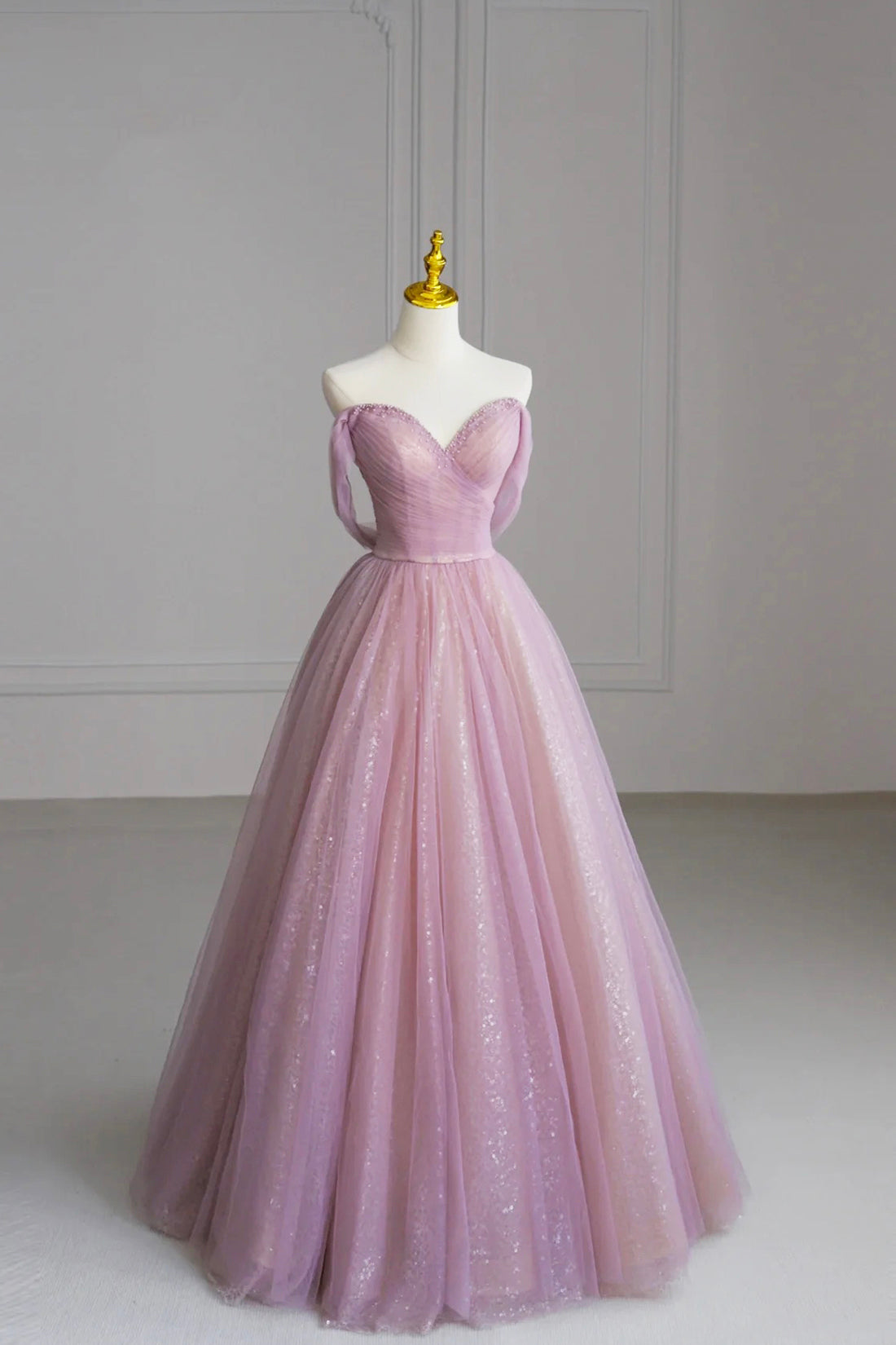 Pink Off the Shoulder Tulle Sequins Evening Prom Dress, Beautiful A-Line Party Dress