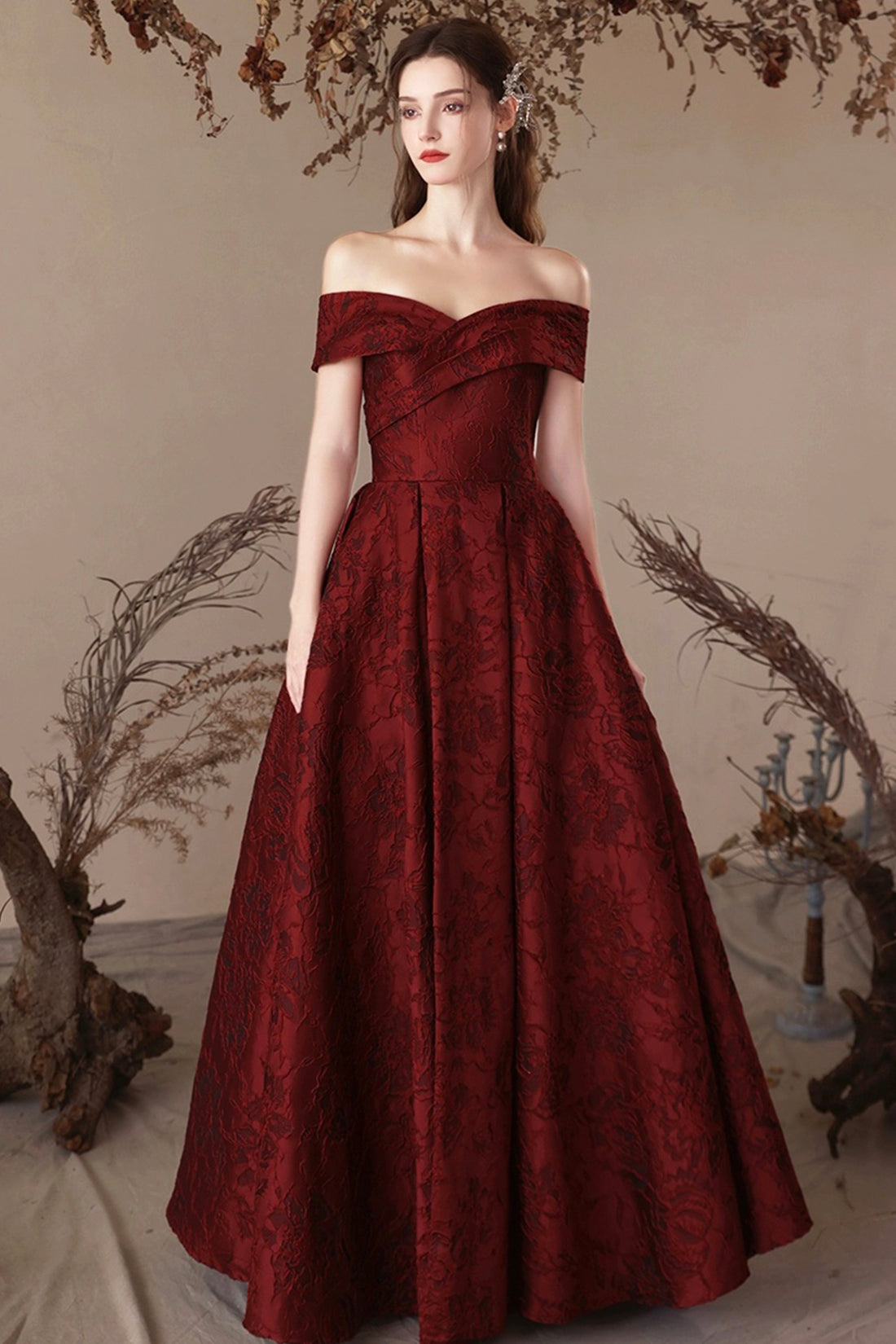 Burgundy Satin Long Prom Dress, Beautiful A-Line Off the Shoulder Evening Party Dress