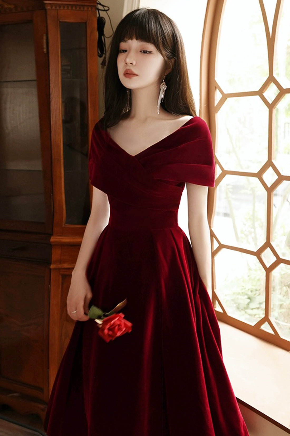 Burgundy V-Neck Velvet Floor Length Prom Dress, Off the Shoulder Evening Party Dress