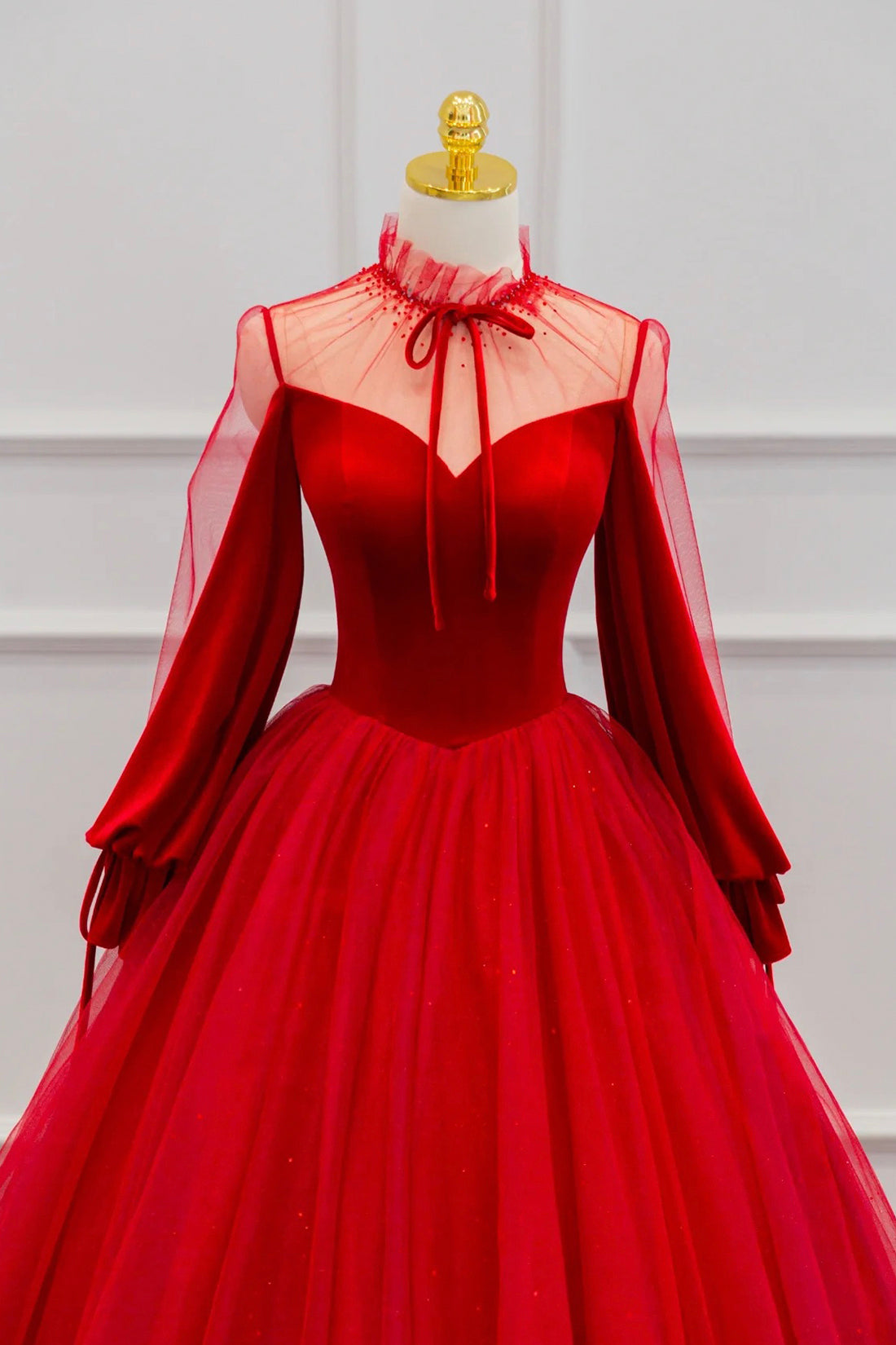 Red Velvet and Tulle Floor Length Prom Dress, Long Sleeve Beautiful A-Line Party Dress