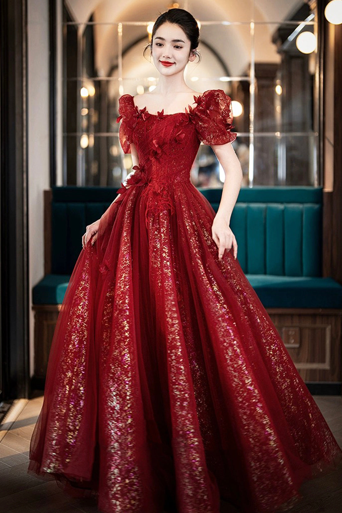 Beautiful Tulle Off the Shoulder Floor Length Prom Dress, Dark Red Short Sleeve Evening Dress