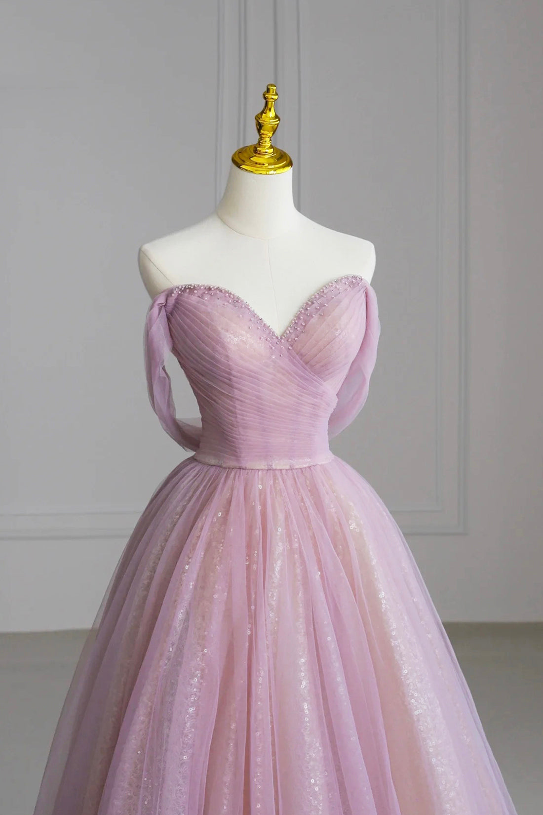 Pink Off the Shoulder Tulle Sequins Evening Prom Dress, Beautiful A-Line Party Dress