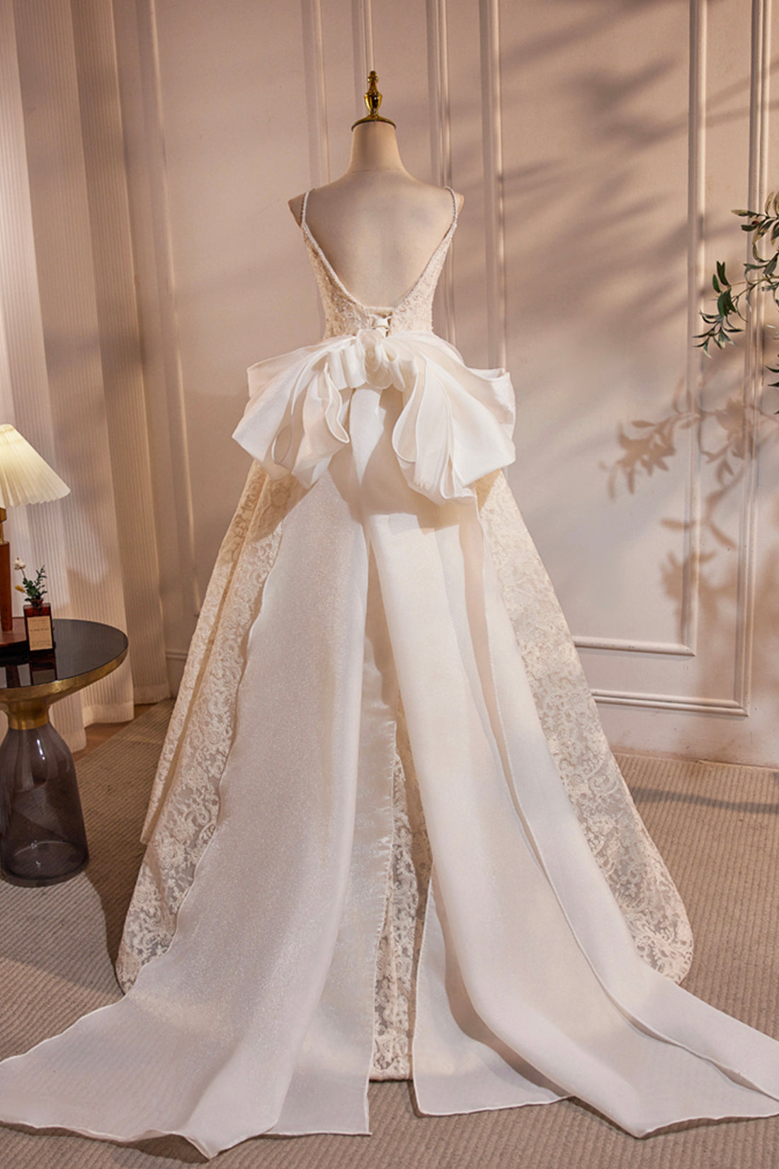 Light Champagne V-Neck Lace Long Prom Dress, A-Line Spaghetti Straps Backless Party Dress with Bow