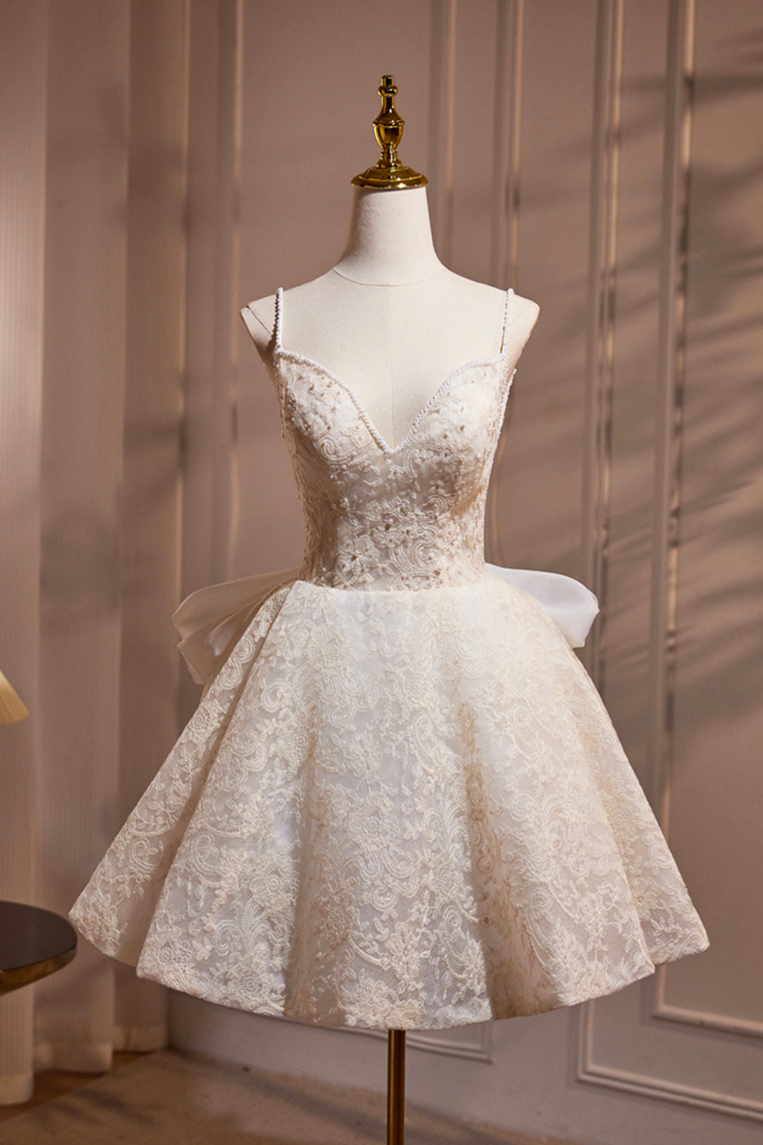 Light Champagne V-Neck Lace Short Prom Dress, A-Line Spaghetti Straps Light Champagne V-Neck Lace Short Prom Dress, A-Line Spaghetti Straps