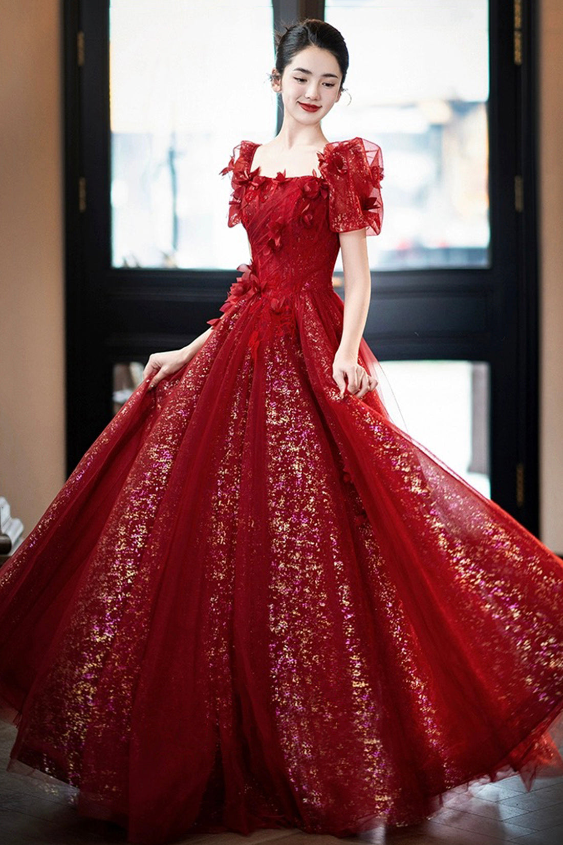 Beautiful Tulle Off the Shoulder Floor Length Prom Dress, Dark Red Short Sleeve Evening Dress