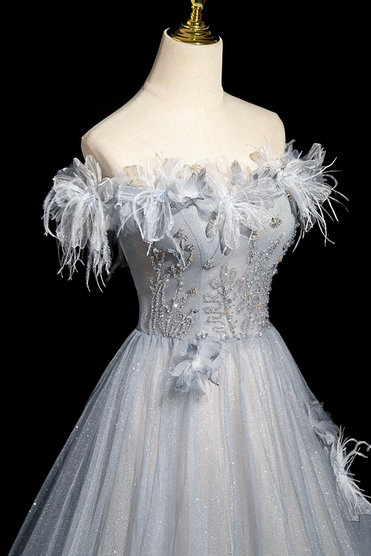 Gray Blue Tulle Beads Long Prom Dress, Off the Shoulder Party Dress