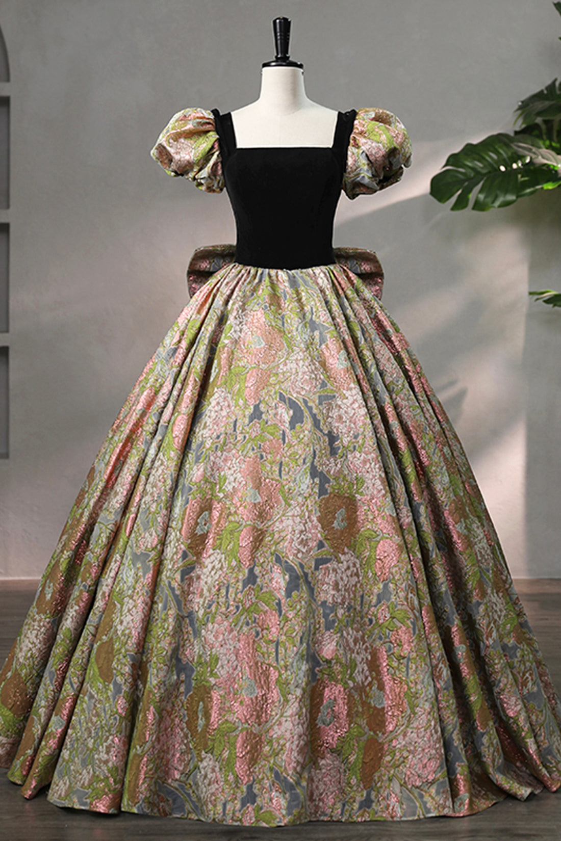 Elegant Black Puffy Short Sleeve Floor Length Prom Dress, A-Line Flora