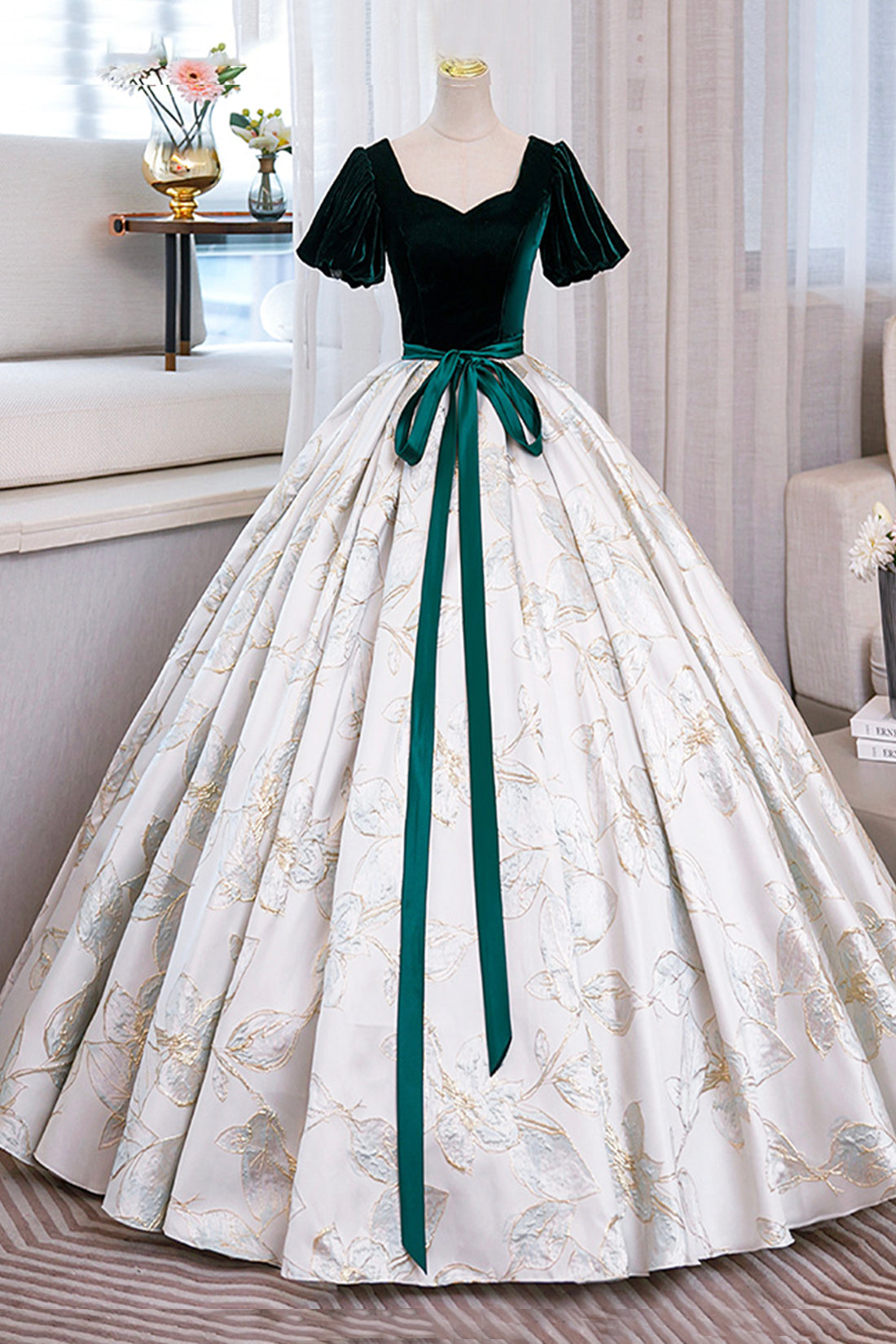 Green Velvet Floor-Length Printing Prom Dresses, A-Line Short Sleeve E Green Velvet Floor-Length Printing Prom Dresses, A-Line Short Sleeve E