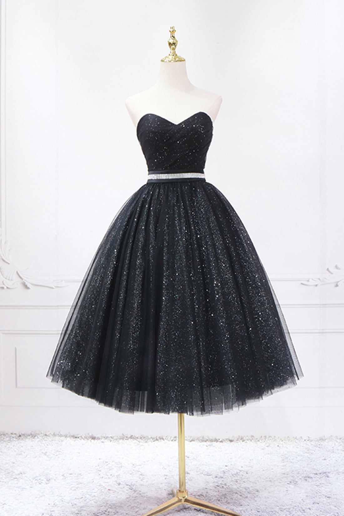 Black Strapless Shiny Tulle Tea Length Prom Dress, Black A-Line Homeco Black Strapless Shiny Tulle Tea Length Prom Dress, Black A-Line Homeco