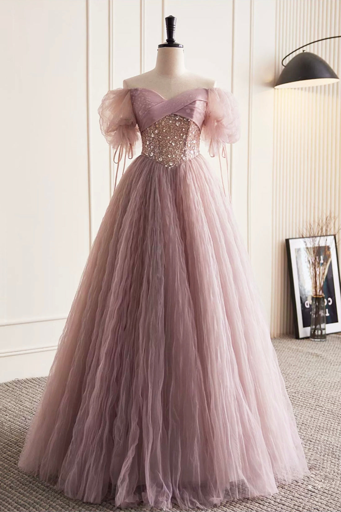 Pink Tulle Sequins Floor Length Prom Dress, Beautiful Off the Shoulder Evening Party Dress