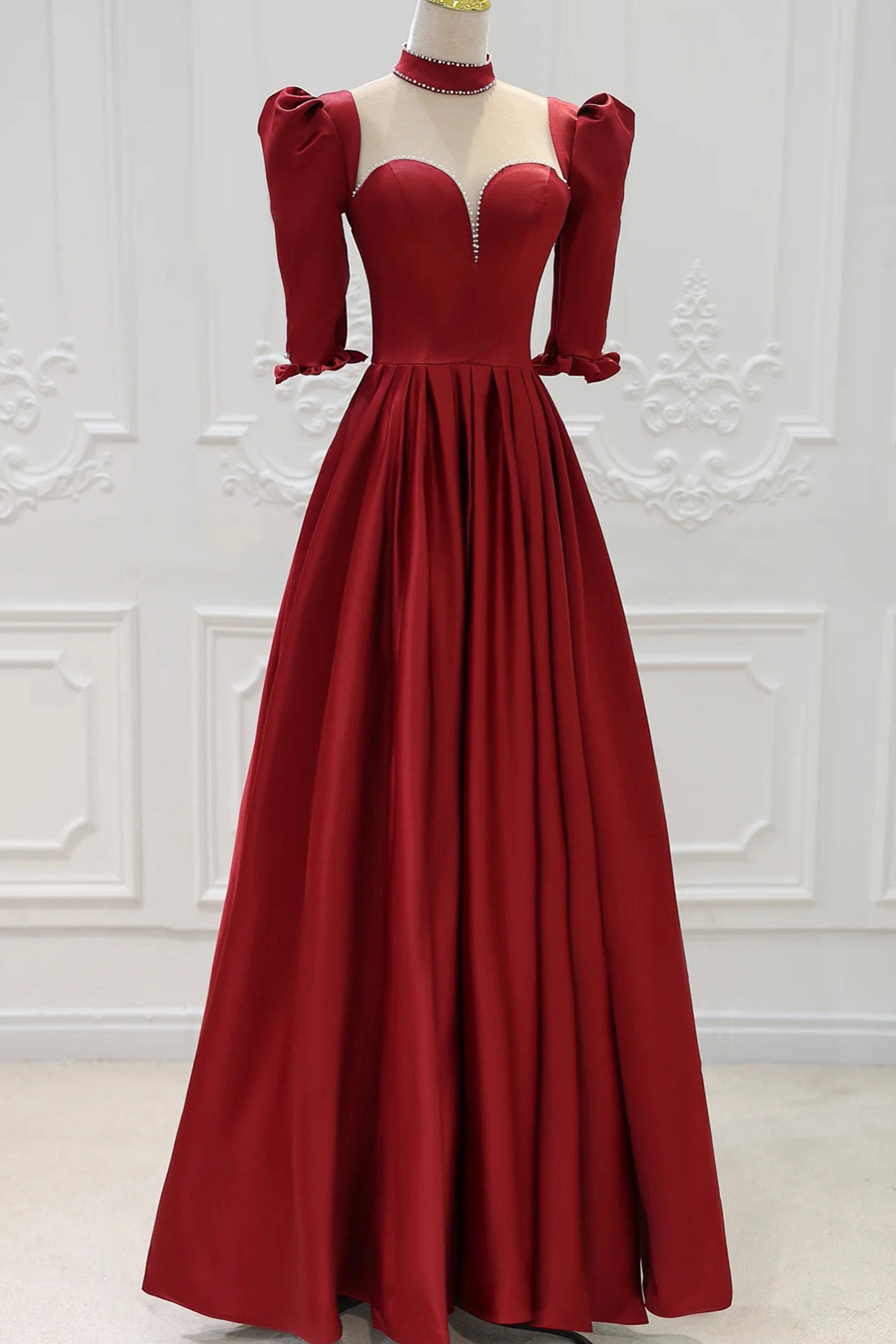 Burgundy Satin High Neck Long Prom Dress, Burgundy A-Line Evening Part
