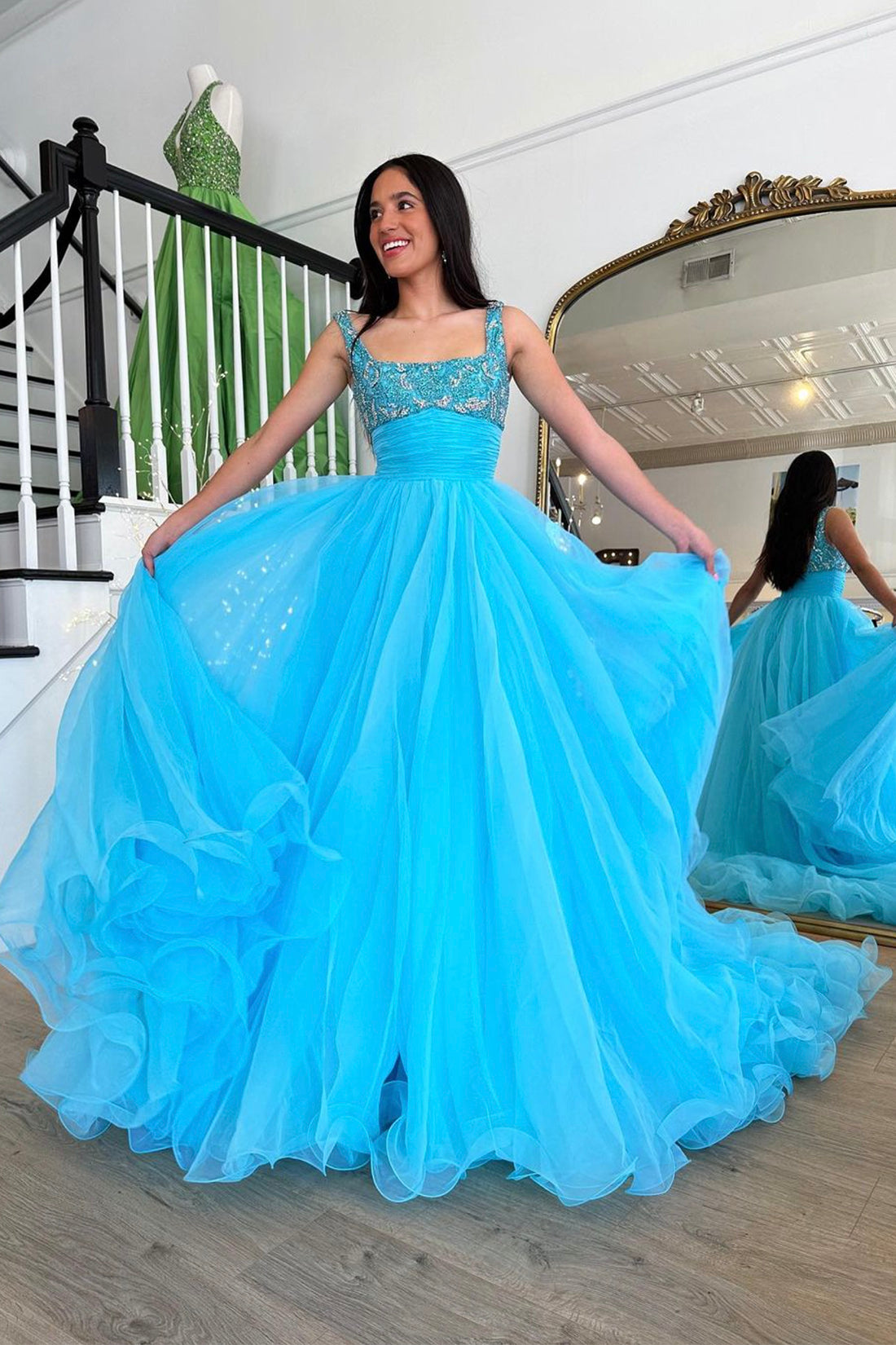 Blue Tulle Beaded Long Floor Length Prom Dress, Beautiful A-Line Evening Party Dress