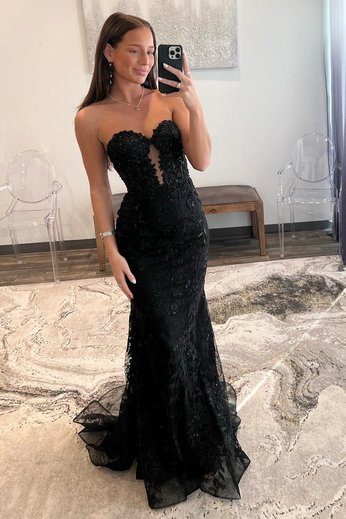 Black Lace Long Mermaid Prom Dress, Black Strapless Evening Party Dres Black Lace Long Mermaid Prom Dress, Black Strapless Evening Party Dres