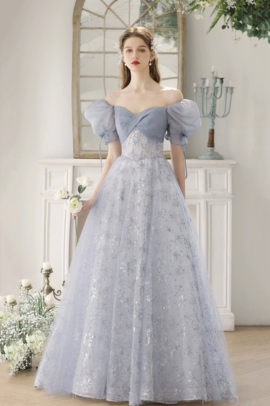 Blue Tulle Lace Floor Length Prom Dress, Beautiful Short Sleeve Evening Party Dress