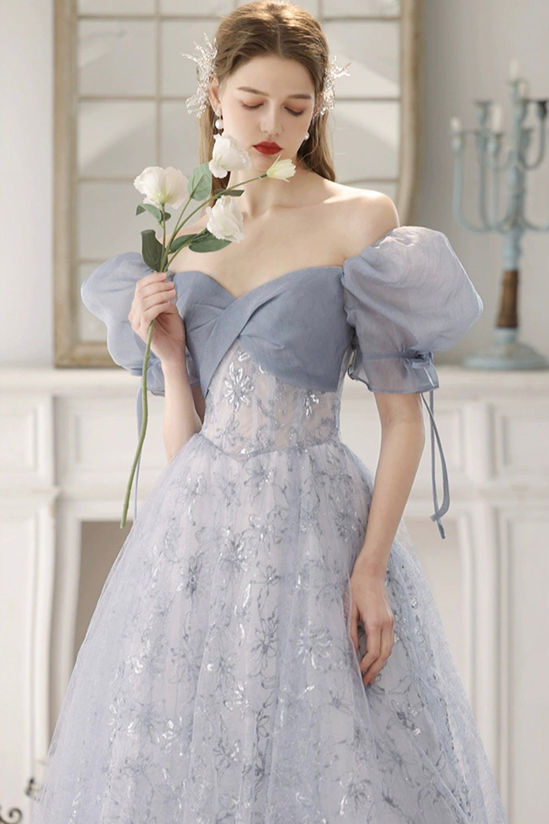 Blue Tulle Lace Floor Length Prom Dress, Beautiful Short Sleeve Evening Party Dress