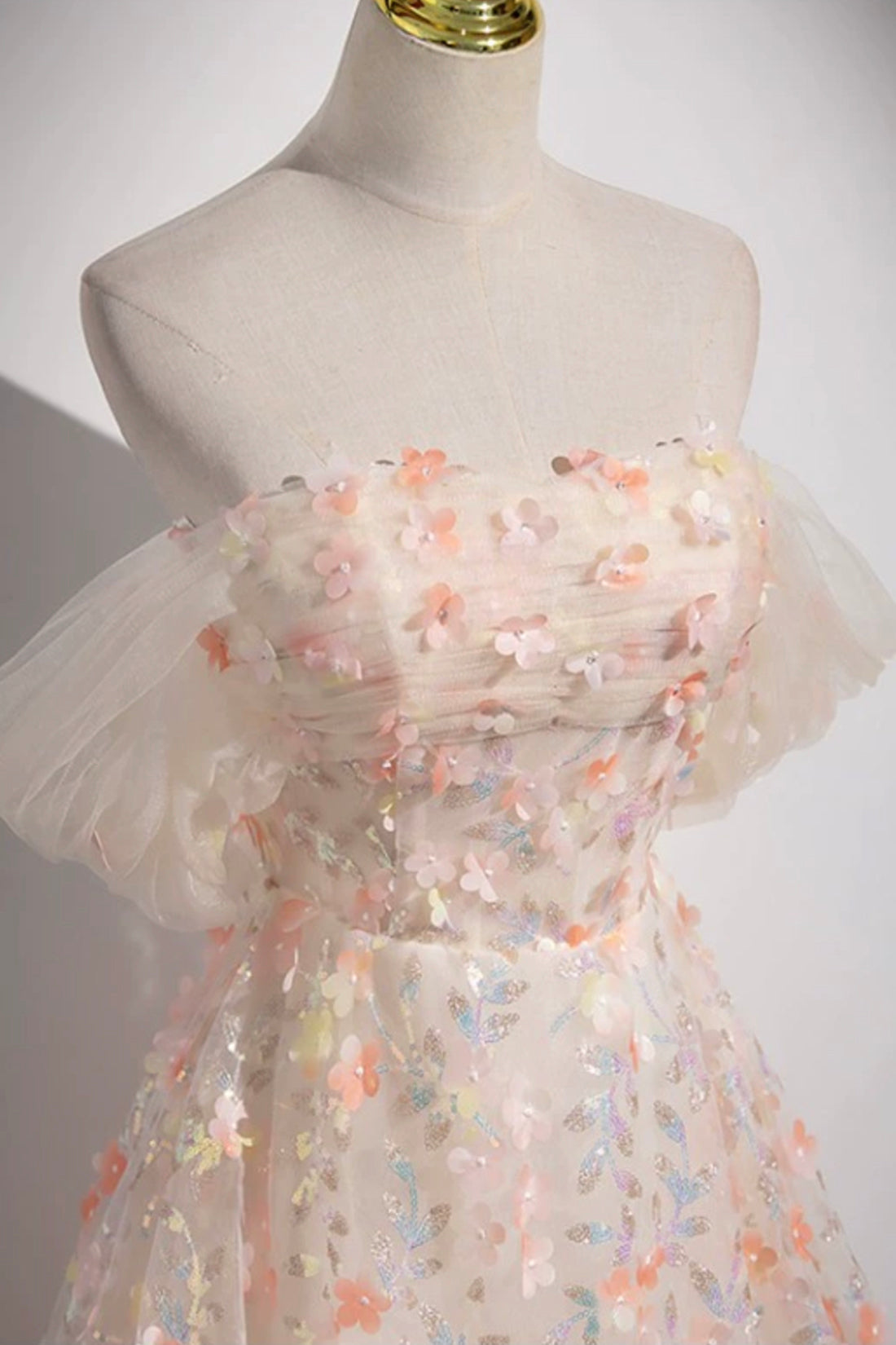 Beautiful Floor Length Sequins and Flowers Party Dress, Off the Shoulder Tulle Formal Dress