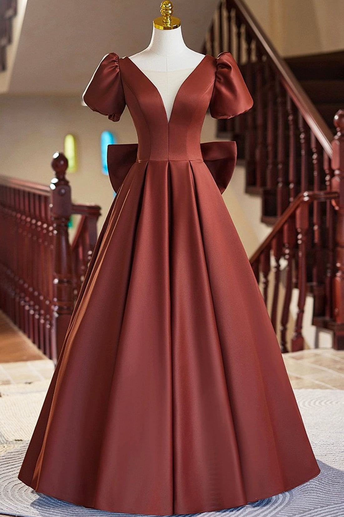 A-Line Satin Floor Length Prom Dress, Elegant Short Sleeve Evening Par A-Line Satin Floor Length Prom Dress, Elegant Short Sleeve Evening Par