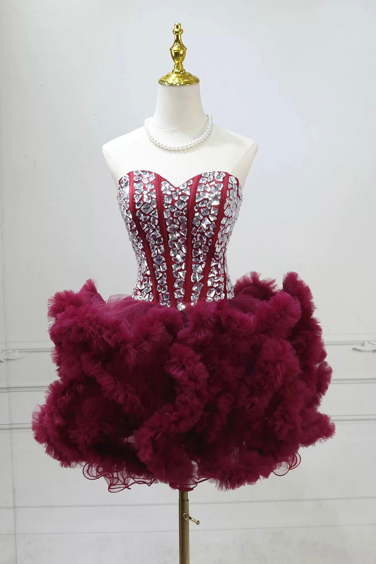 Strapless Burgundy Tulle Short Gown Rhinestone Embellished Party Dress