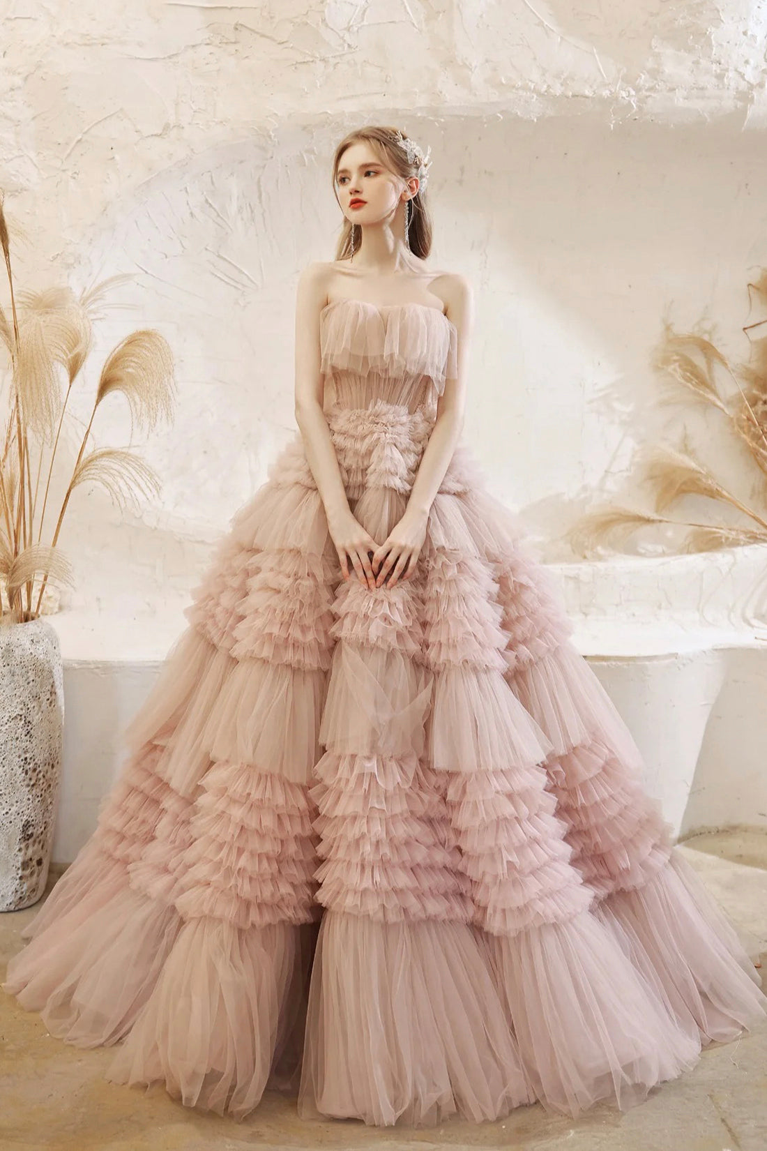 Pale Pink Tulle Layers Long Prom Dresses, Beautiful Strapless Evening Pale Pink Tulle Layers Long Prom Dresses, Beautiful Strapless Evening