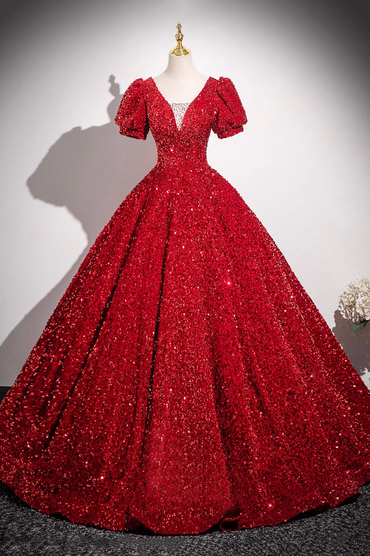 Red V-Neck Sequins Long Prom Dress, A-Line Short Sleeve Party Dress