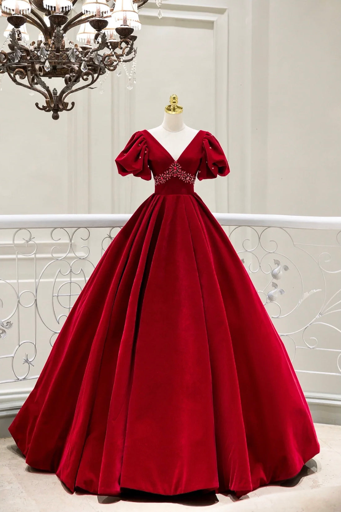 Burgundy V-Neck Velvet Long Formal Dress, A-Line Short Sleeve Evening Party Dress with Beaded