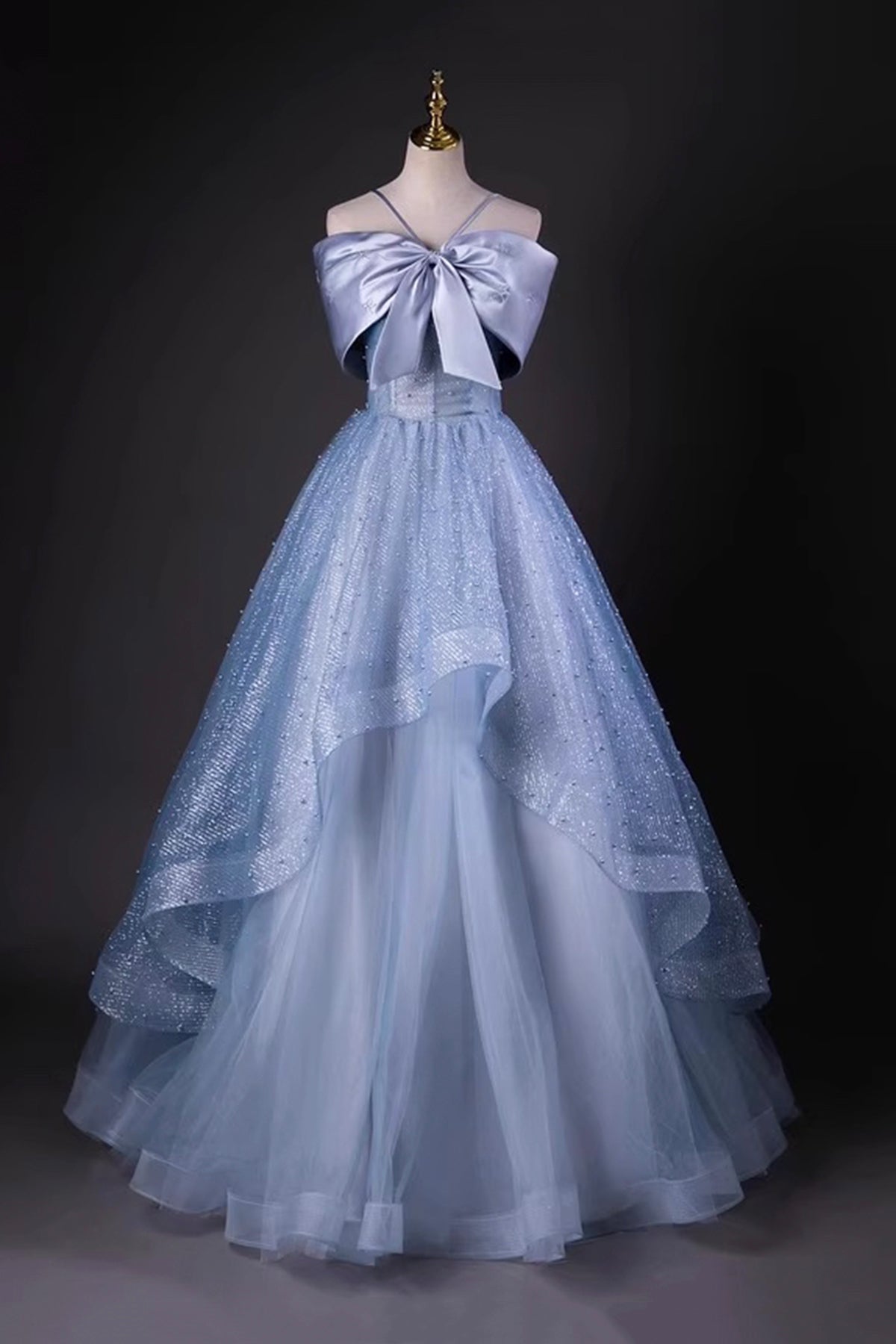 A-Line Tulle Floor Length Prom Dress, Blue Off the Shoulder Party Dress