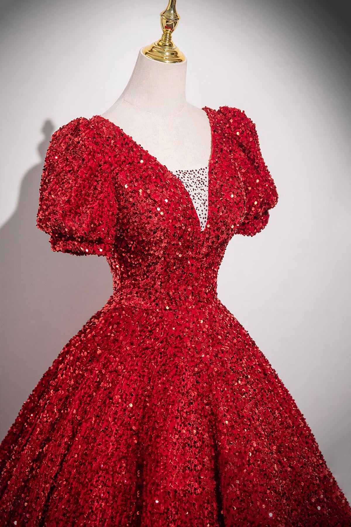 Red V-Neck Sequins Long Prom Dress, A-Line Short Sleeve Party Dress